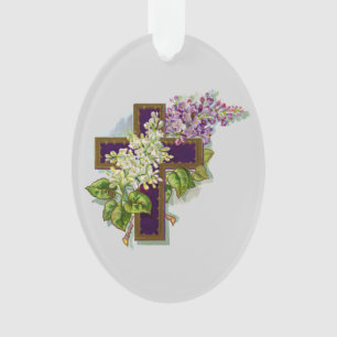 Purple Cross And Flowers Ornament