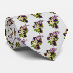 Purple Cross And Flowers Tie