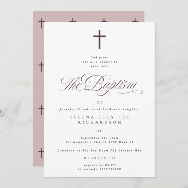 Purple Cross Calligraphy Taupe Baptism Invite (Front/Back)