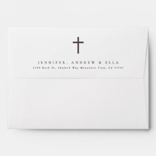 Purple Cross Calligraphy Taupe Baptism Invite Envelope