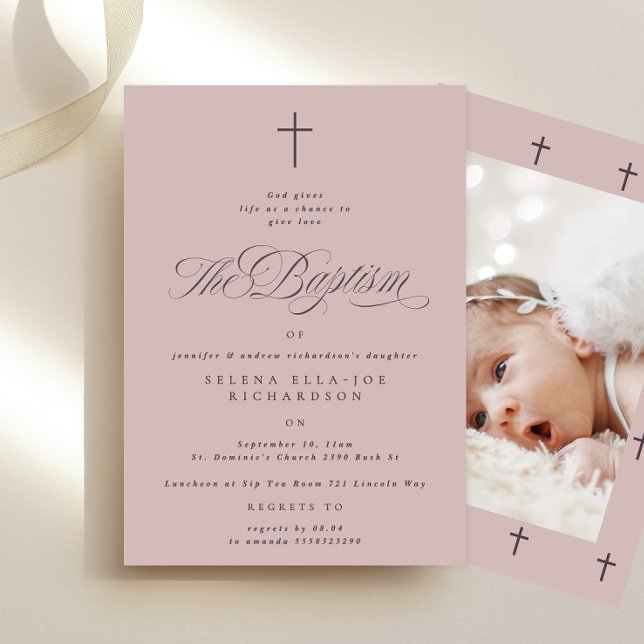 Purple Cross Calligraphy Taupe Photo Baptism Invitation (Creator Uploaded)