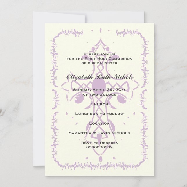 Purple Cross First Communion Confirmation Invitation (Front)