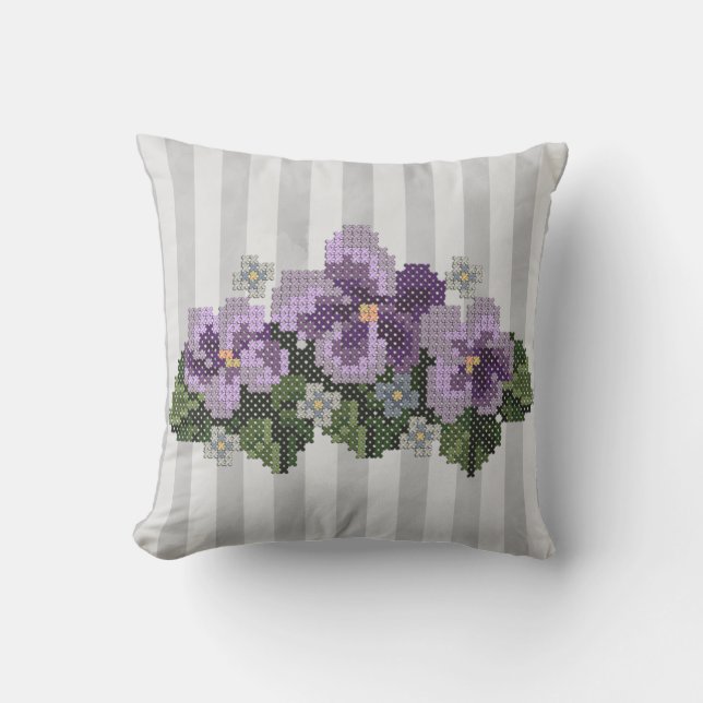 Purple Cross Stitch Violets on Grey Cushion (Front)