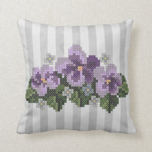 Purple Cross Stitch Violets on Grey Cushion