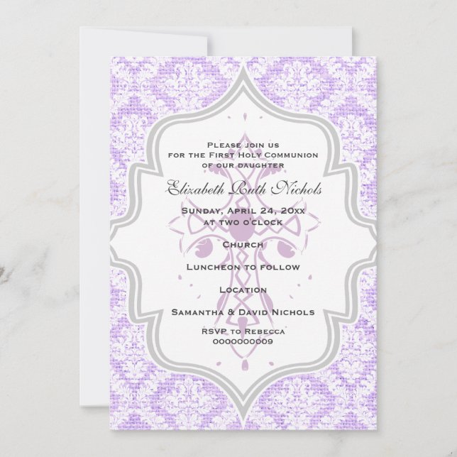 Purple Cross white damask burlap First Communion Invitation (Front)