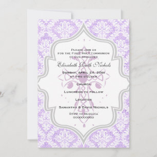 Purple Cross white damask burlap First Communion Invitation