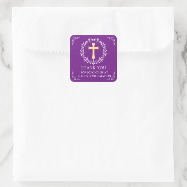Purple Cross Wreath Confirmation Square Sticker (Bag)