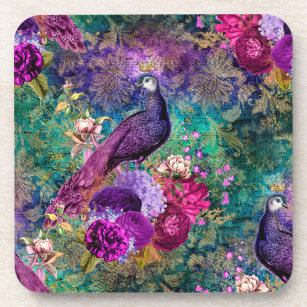 Purple Crowned Peacock with Flowers Coaster