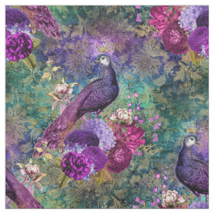 Purple Crowned Peacock with Flowers Fabric