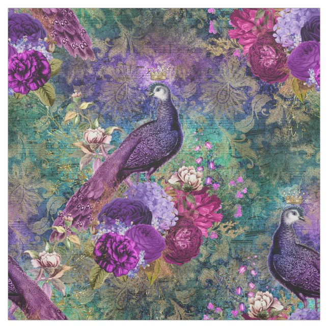 Purple Crowned Peacock with Flowers Fabric (Swatch)
