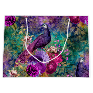 Purple Crowned Peacock with Flowers Large Gift Bag