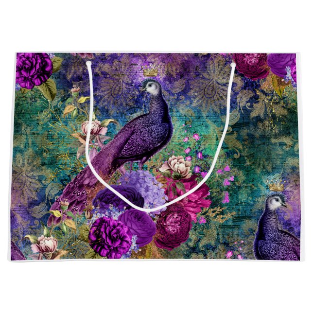 Purple Crowned Peacock with Flowers Large Gift Bag (Front)
