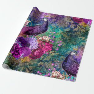 Purple Crowned Peacock with Flowers Wrapping Paper
