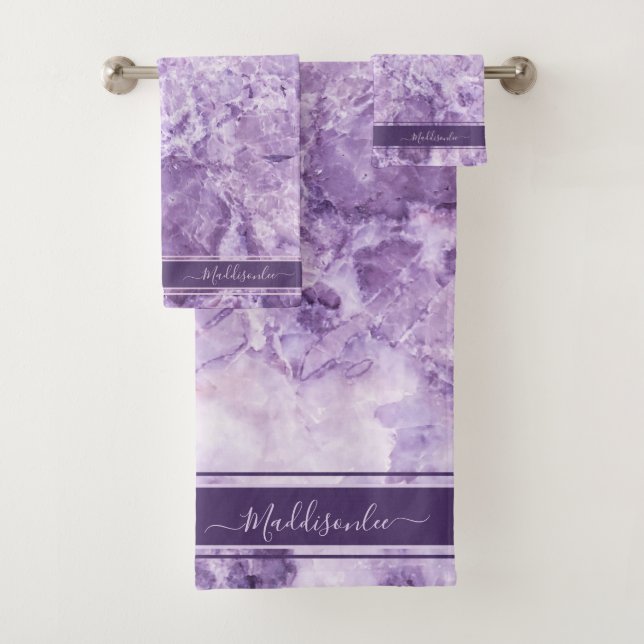 Purple crystal Monogram Name Marble Custom  Bath Towel Set (Insitu)