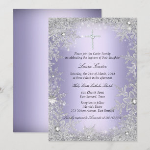 Purple Crystal Snowflake Baptism/Christening Invitation