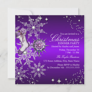 Purple Crystal Snowflake Christmas Dinner Party 3 Invitation