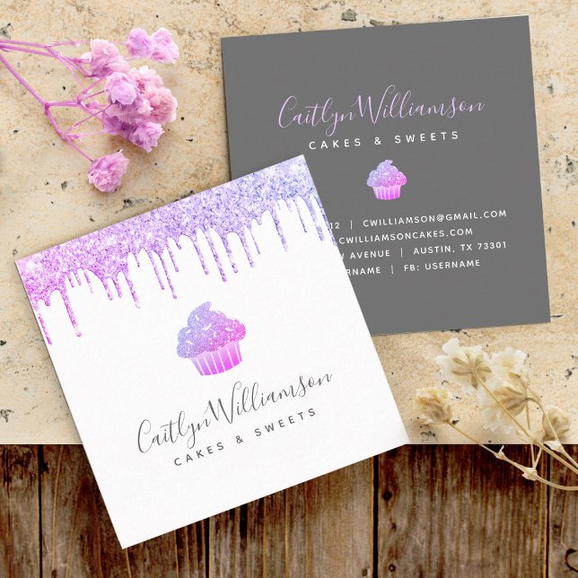 Purple Cupcake Glitter Drips Pastry Chef Bakery  Square Business Card (Creator Uploaded)
