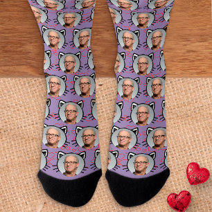 Purple Custom Boyfriend Girlfriend Photo Cat Face Socks