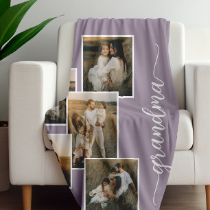 Purple Custom Grandma Grandkid 5 Photo Collage  Fleece Blanket