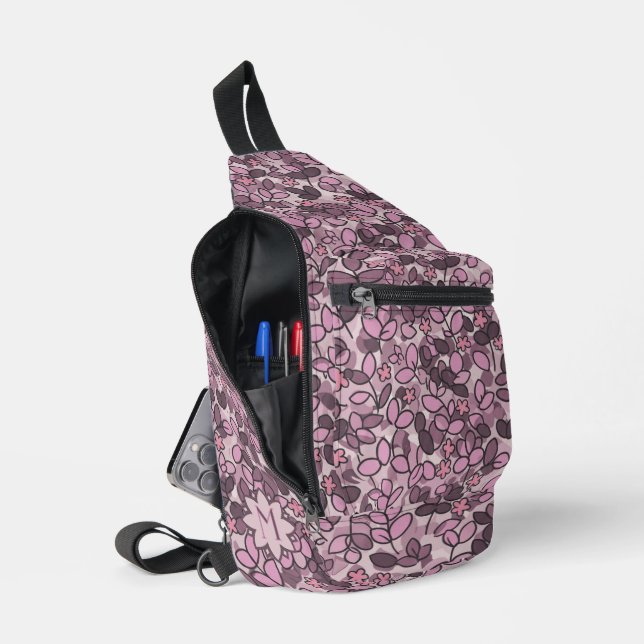 Purple Custom Leaf Cluster with Tiny Flowers Sling Bag (Open)