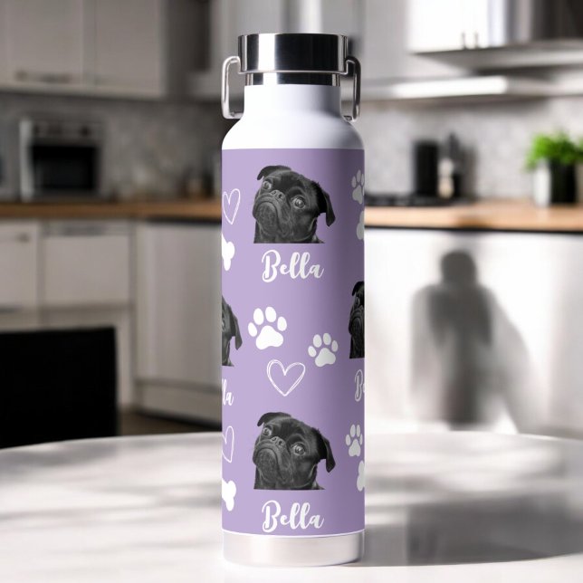 Purple Custom Love Paw Print Dog Lover Pet Photo Water Bottle (Creator Uploaded)