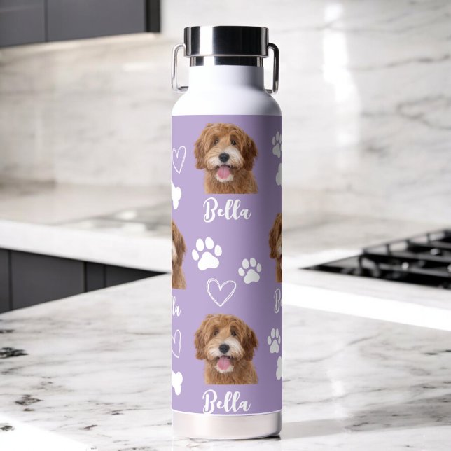 Purple Custom Love Paw Print Dog Lover Pet Photo Water Bottle (Creator Uploaded)