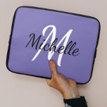 Purple Custom Monogram Laptop Sleeve<br><div class="desc">Laptop case with a purple background and white custom monogram first initial and first name.</div>
