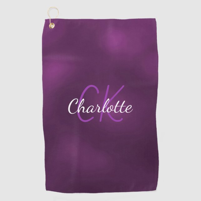 Purple custom monogram name minimalist golf towel (Front)