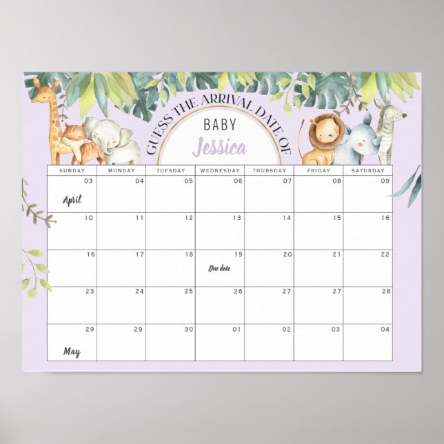 Purple cute animals girl baby shower guessing game poster (Front)