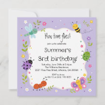Purple Cute Bugs Girls Birthday Invitation