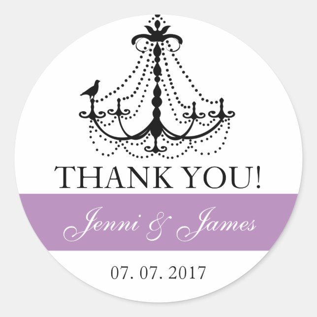 Purple Cute Chandelier Wedding Favour Thank You Classic Round Sticker (Front)