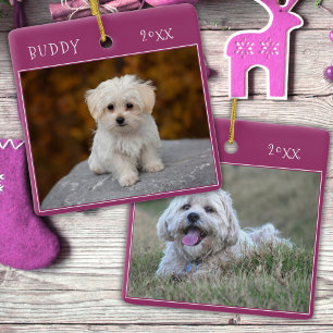 Purple Cute Dog Pet 2 Photos Christmas Ceramic Ornament