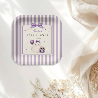Purple Cute Ghost Halloween Baby Shower Paper Plate