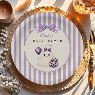 Purple Cute Ghost Halloween Baby Shower Paper Plate