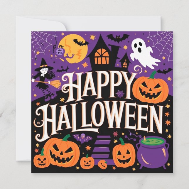 Purple cute happy halloween invitation (Front)