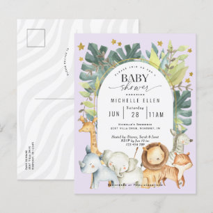 Purple cute jungle safari baby girl shower invitation postcard