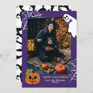 Purple Cute Pumpkin & Ghost Happy Halloween Photo Holiday Card