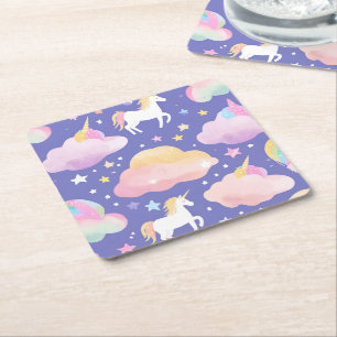 Purple Cute Rainbow unicorn birthday girls kids Square Paper Coaster