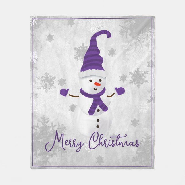 Purple Cute Snowman Holiday Fleece Blanket (Front)