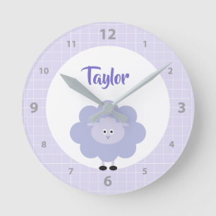 Purple Cute Sweet Lamb Kids Nursery Custom Name Round Clock