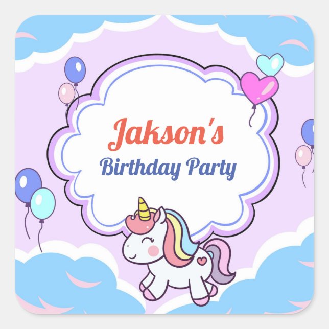 Purple Cute Unicorn Birthday Party Sticker/Label Square Sticker (Front)