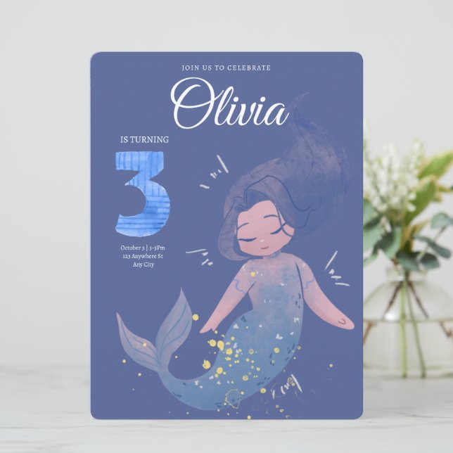 Purple Cute Watercolor Mermaid Birthday Invitation (Standing Front)