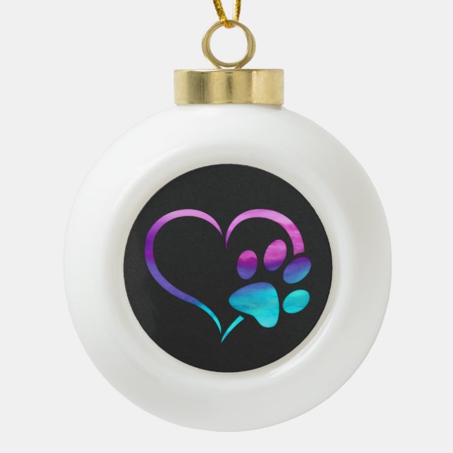Purple Cyan Dog paw Print Heart  Ceramic Ball Christmas Ornament (Front)