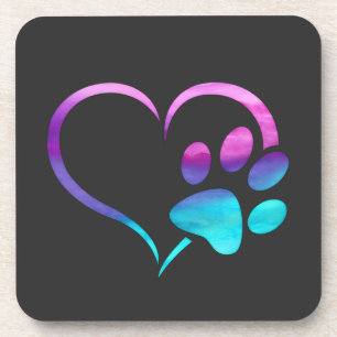Purple Cyan Dog paw Print Heart  Coaster