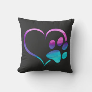 Purple Cyan Dog paw Print Heart  Cushion