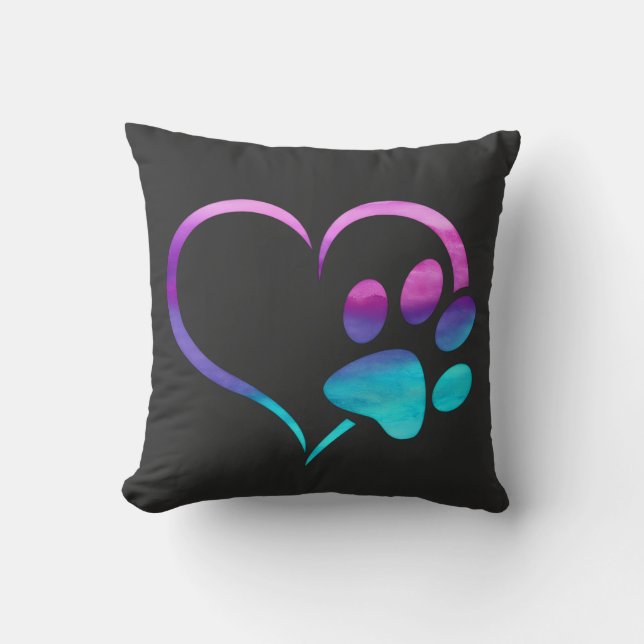 Purple Cyan Dog paw Print Heart  Cushion (Front)