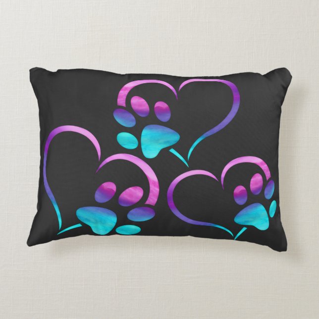 Purple Cyan Dog paw Print Heart  Decorative Cushion (Back)