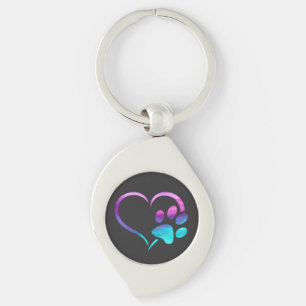 Purple Cyan Dog paw Print Heart  Key Ring