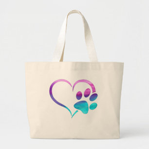 Purple Cyan Dog paw Print Heart  Large Tote Bag