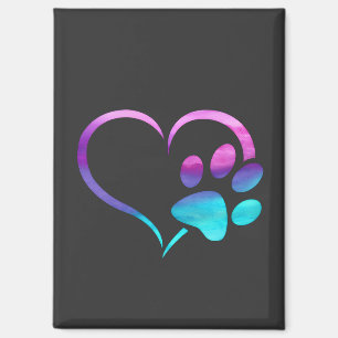 Purple Cyan Dog paw Print Heart  Magnet